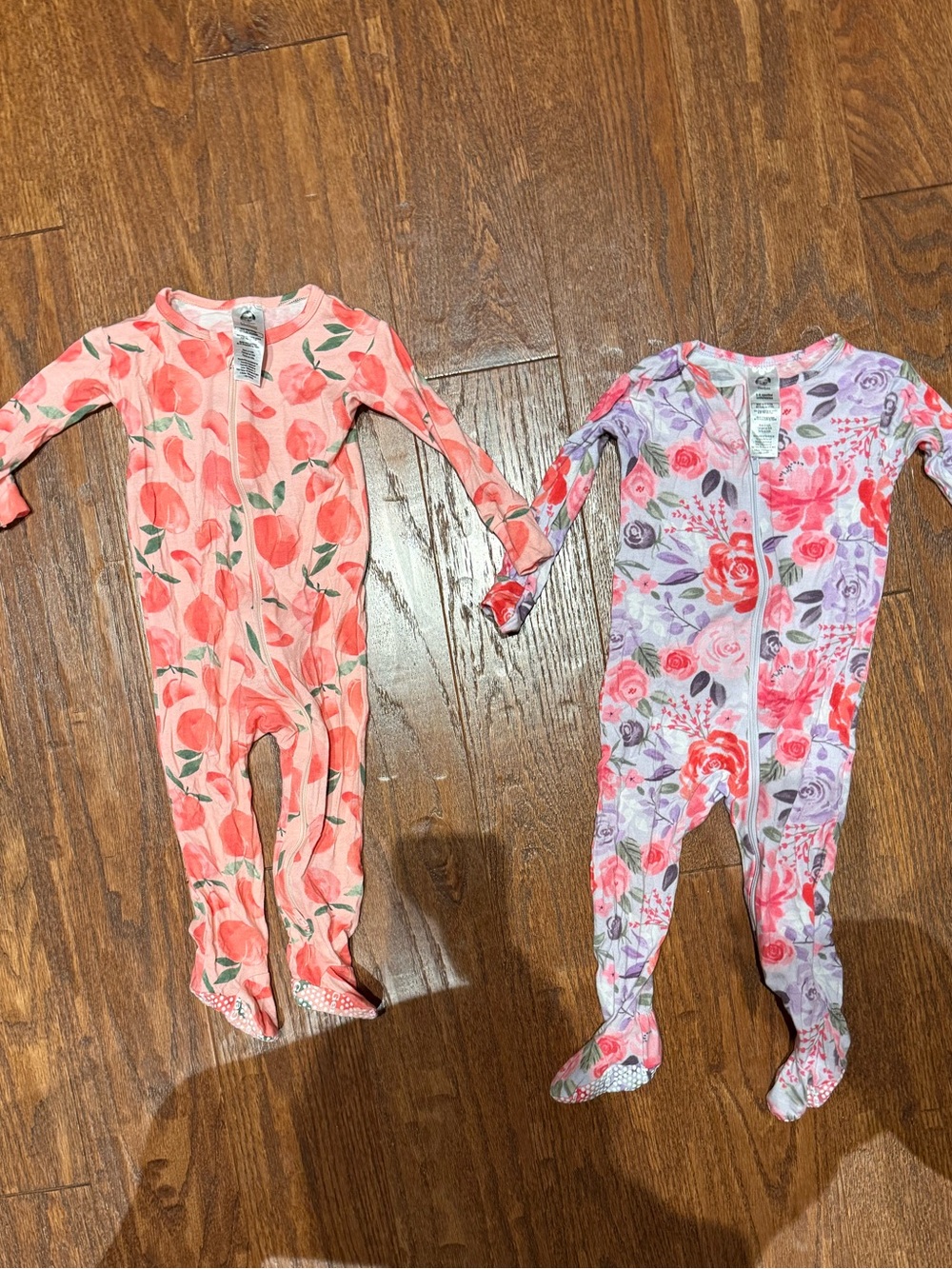 Gerber Peach Floral and Lavender Rose Footed One-Pieces